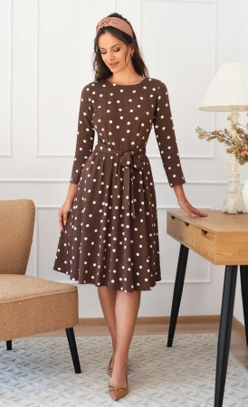 Sukienka w grochy Midi MARIE (Brązowa) -10%