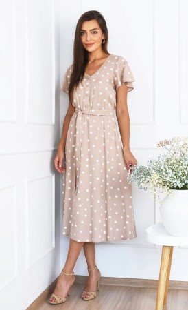 Sukienka w grochy midi NICOLE (Beżowa) -10%