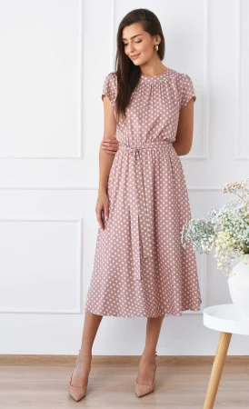 Sukienka w grochy Midi ALA (Pudrowy róż) -10%
