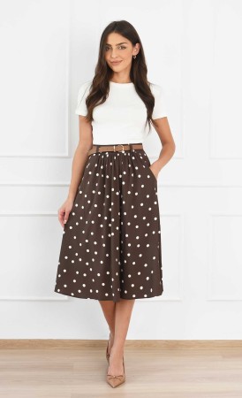 Spódnica w grochy Midi SOLEIL (Brązowa) -10%