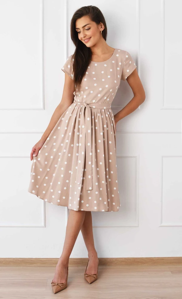 Sukienka w grochy Midi CLAIRE (Beżowa) -50%