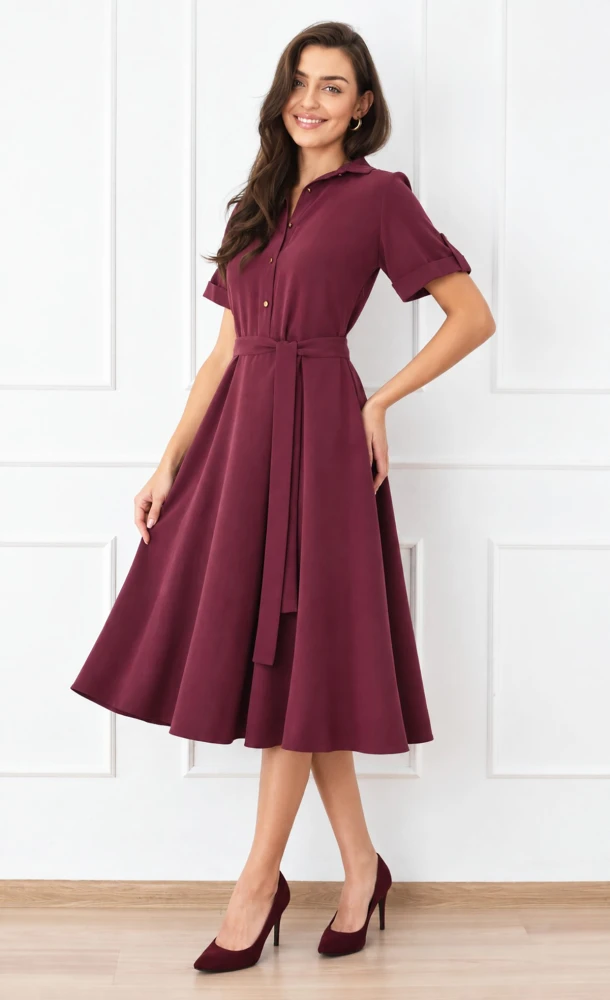 Burgundowa sukienka Midi CORIN -10% (100% tencel)