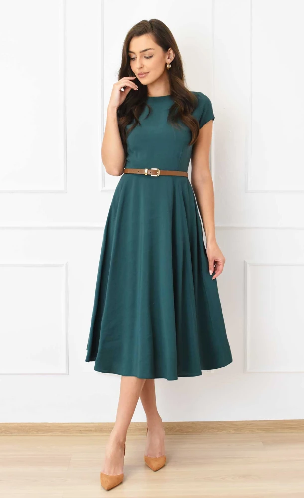 Rozkloszowana sukienka Midi EVITA (butelkowa zieleń) -10% (100% tencel)